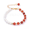 Natural Pearl & Natural Carnelian(Dyed & Heated)/Red Agate Beaded Bracelets BJEW-JB05153-01-1