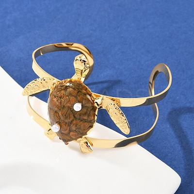 Turtle 304 Stainless Steel Enamel Cuff Bangles for Women BJEW-A049-04C-G-1