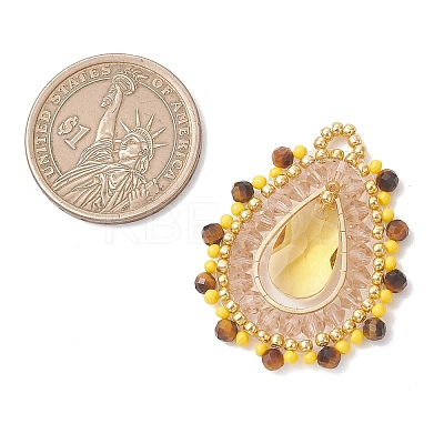 Natural Tiger Eye Faceted Round and Glass Seed Beaded Pendants PALLOY-MZ01218-03-1