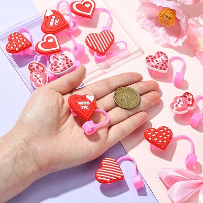12Pcs 6 Styles Valentine's Day Theme PVC & Silicone Dustproof Straw Cap AJEW-CJ0001-26-1