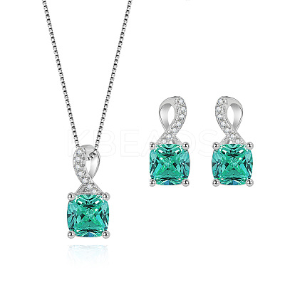 Square Rhodium Plated 925 Sterling Silver Pave Cubic Zirconia Pendant Necklaces & Stud Earrings Sets for Women WG8F2D6-02-1