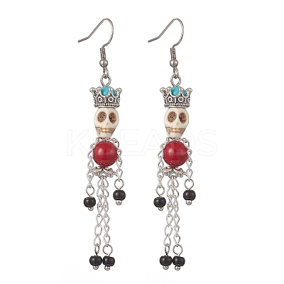 Synthetic Turquoise & Natural Mashan Jade Skeleton Dangle Earrings EJEW-TA00223-1