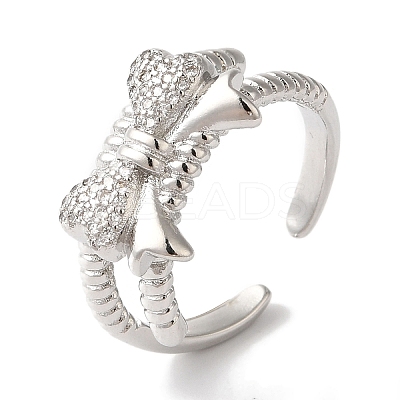 Bowknot Brass Micro Pave Clear Cubic Zirconia Open Cuff Rings for Women RJEW-C098-02P-1