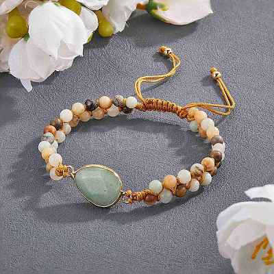 Natural Green Aventurine Teardrop Link Braided Bead Bracelet BJEW-SZ0002-54D-1