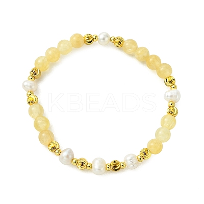 Round Natural Golden Silk Jade & Cultured Freshwater Pearl & Brass Beaded Stretch Bracelets for Women BJEW-JB14060-02-1