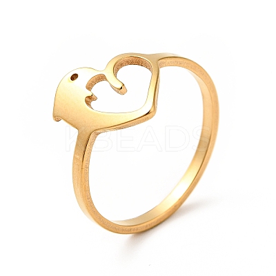 Ion Plating(IP) 201 Stainless Steel Heart with Dolphin Finger Ring for Valentine's Day RJEW-G266-25G-1