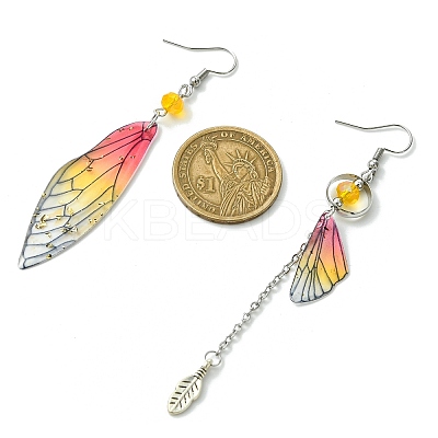 4 Set 4 Color Resin Wing with Feather Asymmetrical Earrings EJEW-TA00175-1