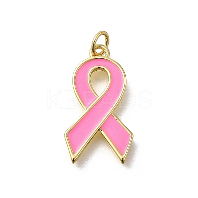 October Breast Cancer Pink Awareness Ribbon Brass Enamel Pendants KK-S517-04F-G-1
