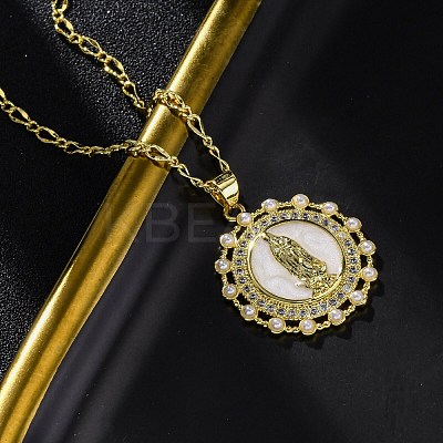 Brass Clear Cubic Zirconia Flat Round with Virgin Mary Pendant Necklaces LS-NJEW-C071-07A-G-1