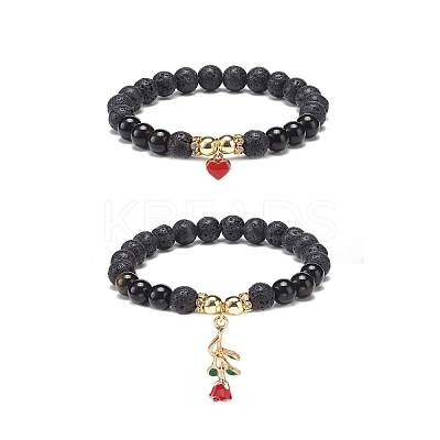 2Pcs 2 Style Style Natural Lava Rock & Golden Sheen Obsidian & Synthetic Hematite Stretch Bracelets Set BJEW-JB08734-1