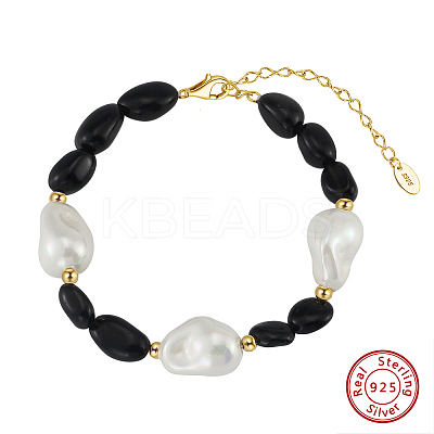 Natural Black Obsidian & Baroque Shell Pearl Beaded Bracelets BJEW-L692-005G-1