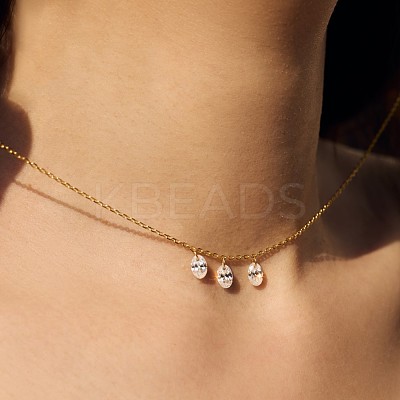 Clear Cubic Zirconia 3 Oval Pendant 925 Sterling Silver Cable Chain Necklaces for Women NJEW-S457-07G-1