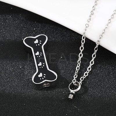 304 Stainless Steel Black Enamel Paw Print Bone Pendant Pet Urn Ashes Necklaces LS-NJEW-S455-06P-1