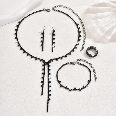 Alloy Rhinestone Tassel Pendant Necklace & Stud Earring & Ring FS-WG7E587-01-1
