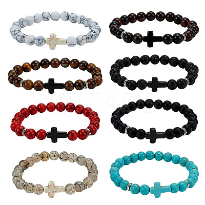 8Pcs 8 Styles Round & Cross Beaded Stretch Bracelets for Men Women BJEW-GO0001-37-1