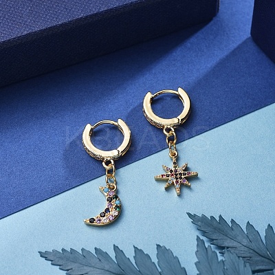 Star and Moon Asymmetrical Dangle Hoop Earrings EJEW-JE04031-01-1
