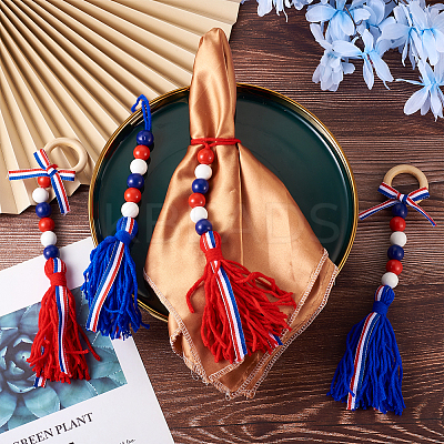 4Pcs 2 Style Independence Day Theme Wooden Ring & Woolen Yarn Tassels Pendant Decorations HJEW-CF0001-20-1