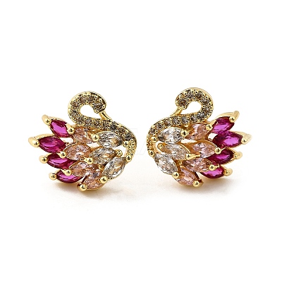 Swan Shape Rack Plating Brass Micro Pave Cubic Zirconia Stud Earrings KK-E084-42G-1