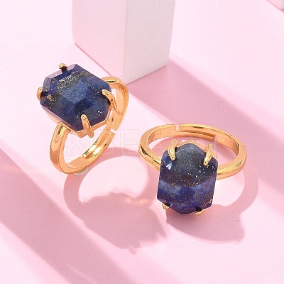 Hexagon Natural Lapis Lazuli Finger Rings RJEW-B113-02G-01-1