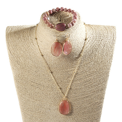 Oval Alloy & Natural Rhodonite & Cherry Quartz Glass Pendant Necklaces & Beaded Bracelets & Dangle Earrings Sets WGD3DFC-05-1