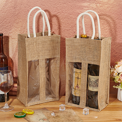 2-Slot Rectangle Linen Wine Storage Bags with Handle ABAG-WH0046-28B-1