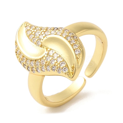 Leaf Brass Micro Pave Clear Cubic Zirconia Open Cuff Rings RJEW-U008-36G-1
