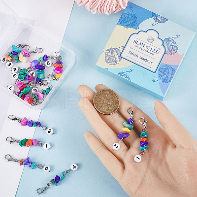 20Pcs Number 0~9 Synthetic Turquoise Chip & Acrylic Beaded Locking Stitch Markers HJEW-SC0001-54-1