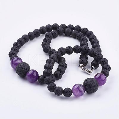 Natural Amethyst Beaded Necklaces & Stretch Bracelets Jewelry Sets SJEW-JS00918-05-1