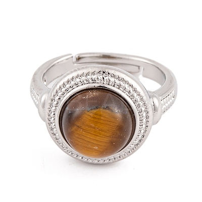 Natural Tiger Eye Round Adjustable Rings RJEW-K271-04P-12-1