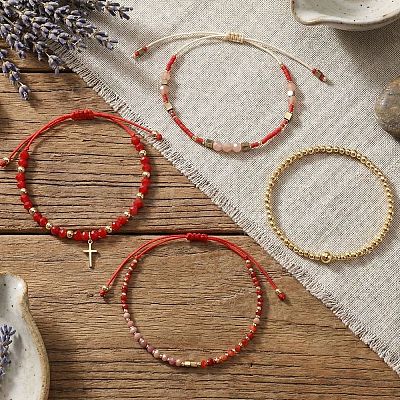4Pcs 4 Styles Adjustable Natural Mixed Gemstone & Glass Beads Braided Bracelet VI8109-2-1