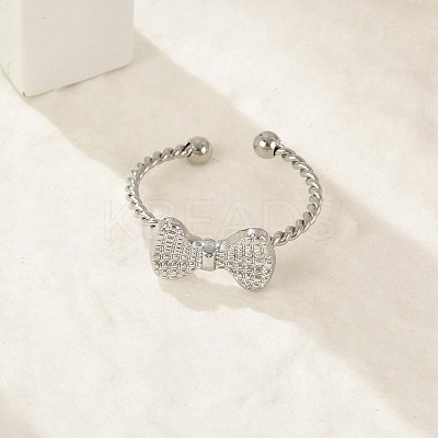 Bowknot 304 Stainless Steel Open Cuff Rings for Women RJEW-G338-08P-1