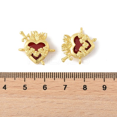 Brass Pave Dark Red Glass Scared Heart Connector Charms KK-FZC0001-01G-1
