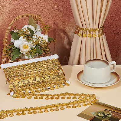 Polyester Braided Metallic Lace Trim with Metal Flat Round Tassel OCOR-WH0082-537B-1