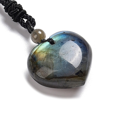 Natural Labradorite Heart Pendant Necklace with Nylon Cord G-K338-02-1