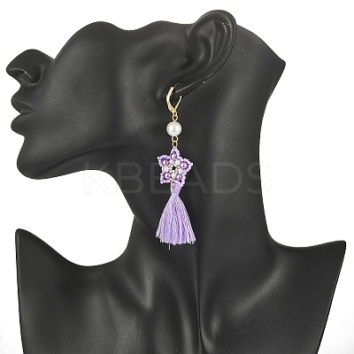 Glass Pearl Beaded Star with Tassel Dangle Leverback Earrings EJEW-MZ00054-1