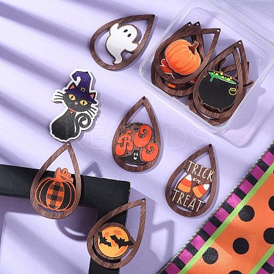 15Pcs 15 Styles Halloween Theme Single Face Printed Aspen Wood Big Pendants WOOD-YW0001-09-1