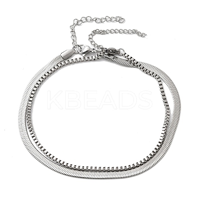 304 Stainless Steel Flat Snake Chain & Box Chain Double Layer Anklets for Women LS-AJEW-F069-02P-1