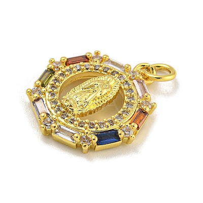 Virgin Mary Theme Rack Plating Brass Micro Pave Cubic Zirconia Pendants KK-C074-70G-02-1