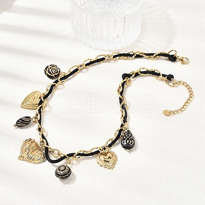 304 Stainless Steel Heart & Acrylic Black Flower Pendant Bib Necklaces for Women NJEW-A063-05G-1