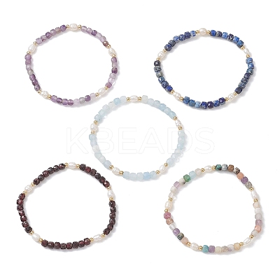 Natural Mixed Gemstone Cube Beads Stretch Bracelets for Women BJEW-JB13176-1
