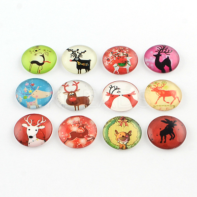 Half Round/Dome Christmas Reindeer/Stag Pattern Glass Flatback Cabochons for DIY Projects X-GGLA-Q037-12mm-39-1