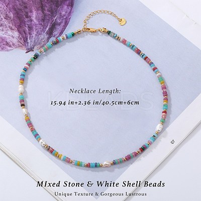 1Pc Rondelle Natural Agate & Pearl & Brass Beaded Necklaces for Women NJEW-SZ0001-69-1