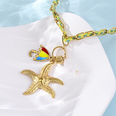 Starfish & Umbrella 304 Stainless Steel Enamel Pendant Necklaces NJEW-L465-07G-1