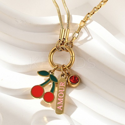 304 Stainless Steel Red Enamel and Siam Rhinestone Cherry Pendant Necklaces for Women NJEW-M091-02G-1