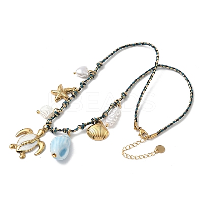 Ocean 304 Stainless Steel & Plastic Pearl & Natural Shell Turtle Starfish Shell Shape Pendant Necklaces for Women NJEW-G180-03G-1