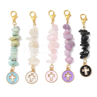 5Pcs Alloy Enamel Flat Round with Cross Pendant Decorations HJEW-JM04089-1
