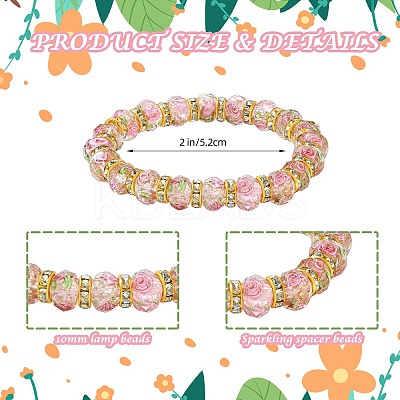Faceted Rondelle Handmade Inner Flower Gold Sand Lampwork & Iron Beaded Stretch Bracelets for Women BJEW-SW001579-05-1