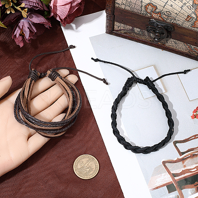 2Pcs 2 Styles Adjustable Cowhide Leather Cord Braided Bracelets BJEW-CL0001-16-1