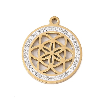 Preserved Fresh Flower 304 Stainless Steel Rhinestone Pendants STAS-S139-01G-03-1