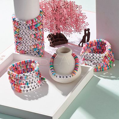 30Pcs 30 Style Polymer Clay Heishi Beaded Stretch Bracelets Set with Inspiration Word BJEW-JB07593-1